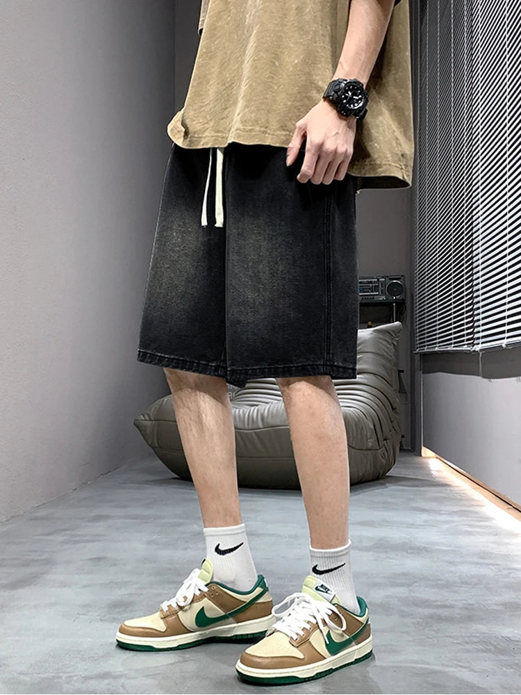 Summer Denim Shorts Men Korean Fashion Washed Cotton Baggy Drawstring Casual Shorts