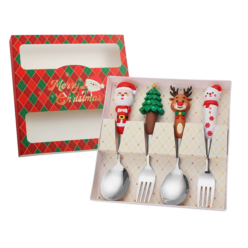2/4Pcs Christmas Stainless Steel Dinnerware Set – Luxury Gift Box, Santa Cutlery