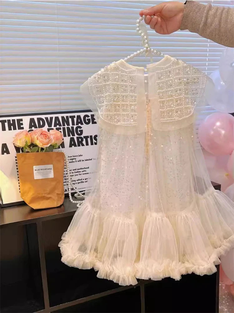 Girls' Summer Dress – Korean Princess Casual Mesh Dress with Pearl Sequin Details