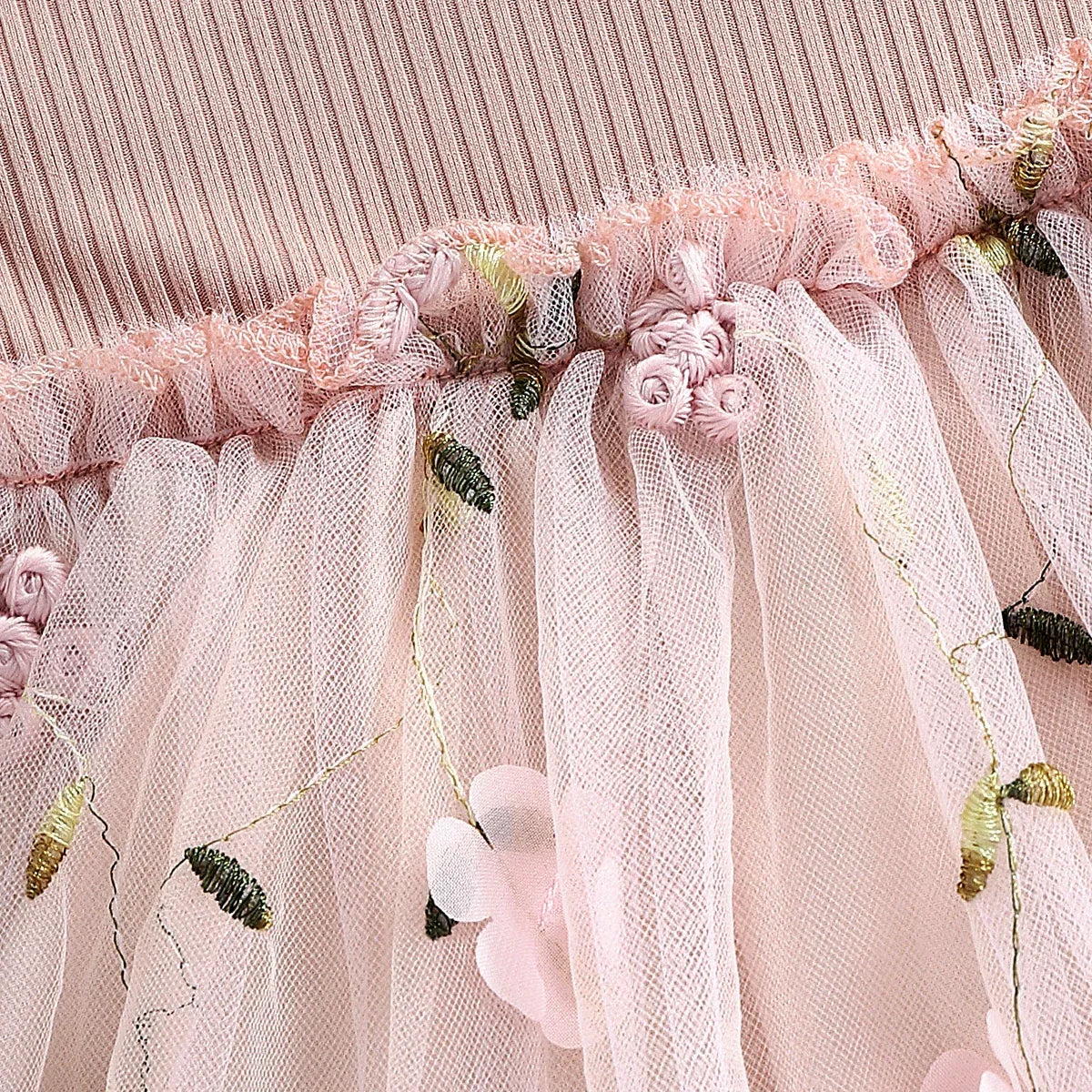 Baby Girl Pink Floral Embroidered Mesh Dress - Long Sleeve Bowknot