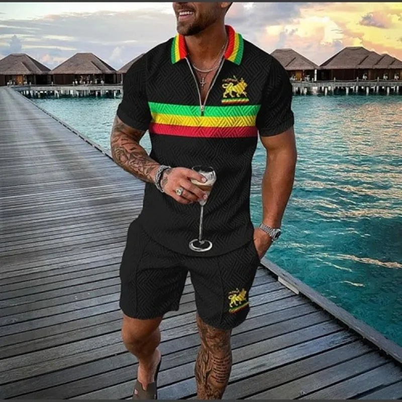 Men's 3D Print Summer Tracksuit - Short Sleeve Polo Jogging Set