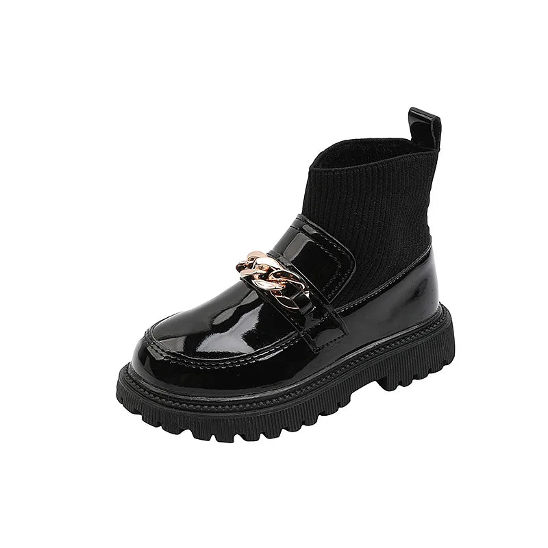 Girls' Leather Princess Boots with Metal Chains & Woven Stitching