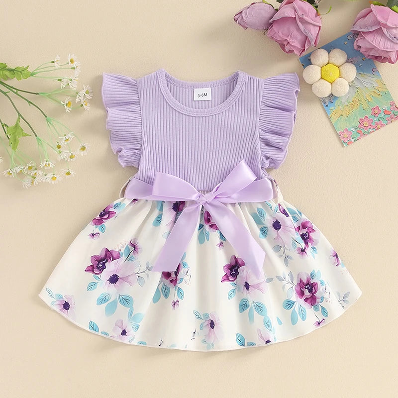 Ribbed Knit Floral Dress for Baby Girls – Ruffle Sleeve & Belted Summer Princess Dress