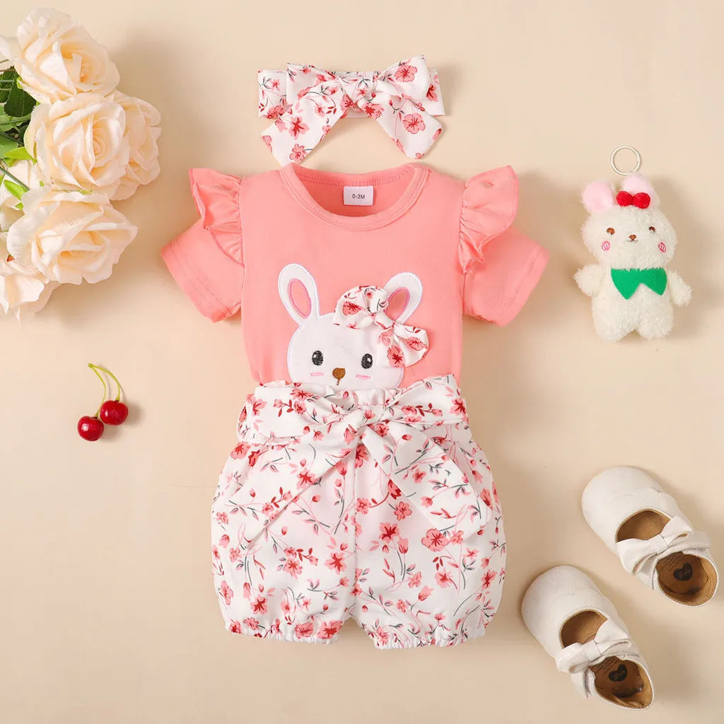 3-Piece Baby Girl Outfit: Rabbit Bodysuit, Shorts & Headband