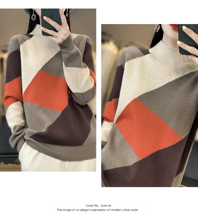 Autumn/Winter Women's Cashmere Patchwork Pullover Sweater