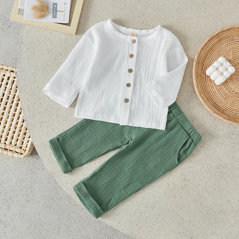 Toddler Boys 2Pcs Spring Fall Casual Outfit - Long Sleeve Tops & Solid Pants