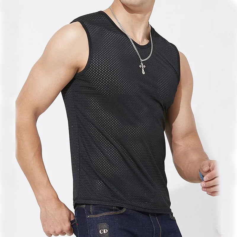 Men's Ice Silk Mesh Tank Top – Transparent Bodybuilding Sleeveless Shirt, Fitness Vest