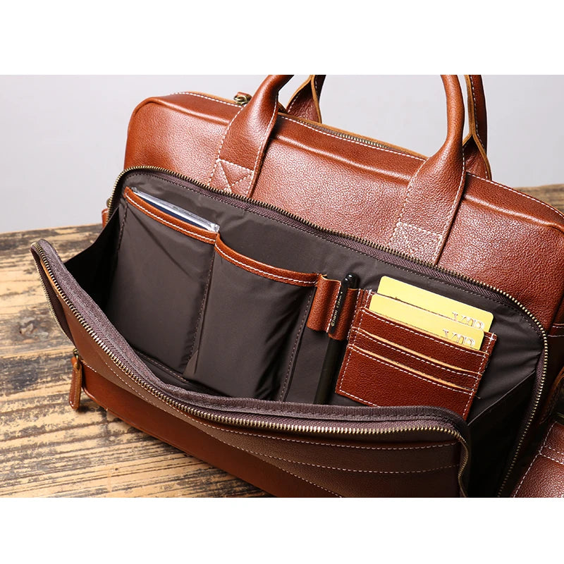 Leathfocus Vintage Cowhide Briefcase – 14" Laptop Bag & Crossbody Shoulder Bag