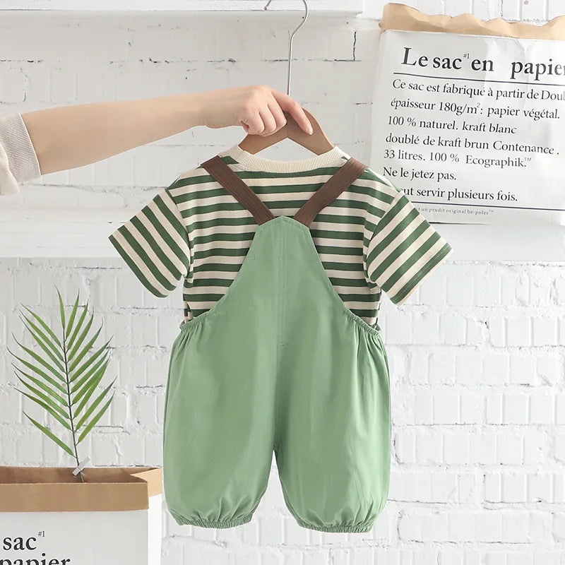 Summer Toddler Kids Striped T-Shirt & Suspenders Shorts 2-Piece Set