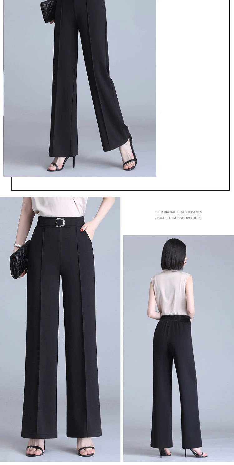 Khaki High-Waist Ice Silk Wide-Leg Trousers - Summer Design, Elegant Elastic Waist Baggy Pants for Women
