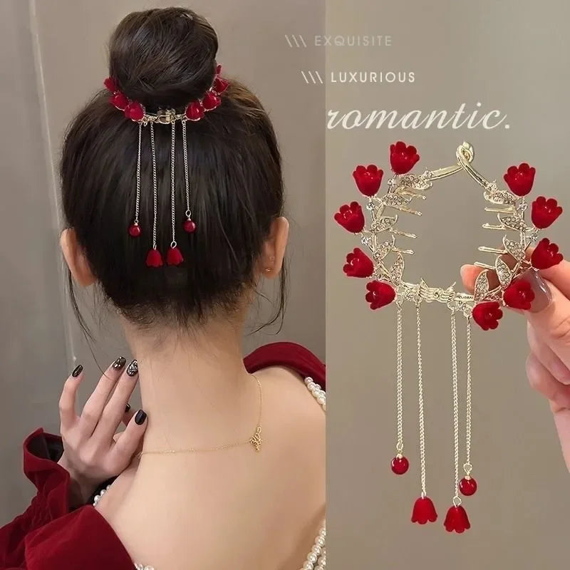 Elegant Women’s Hair Claw with Pearl & Rhinestone Tassels - Ponytail Buckle Hair Clip