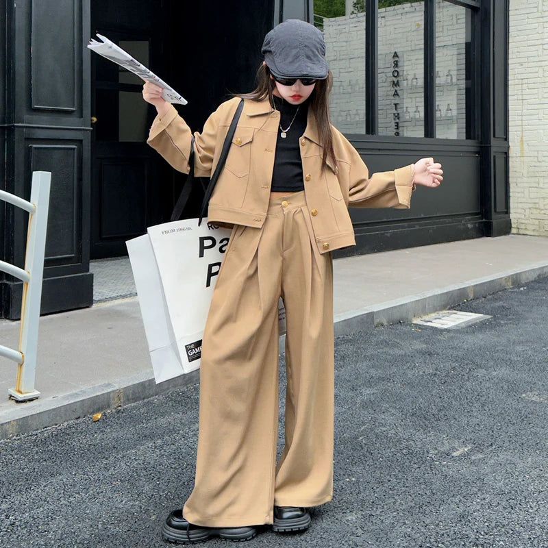 Autumn Girls' 2-Piece Set: Short Jacket & Wide Leg Pants for School
