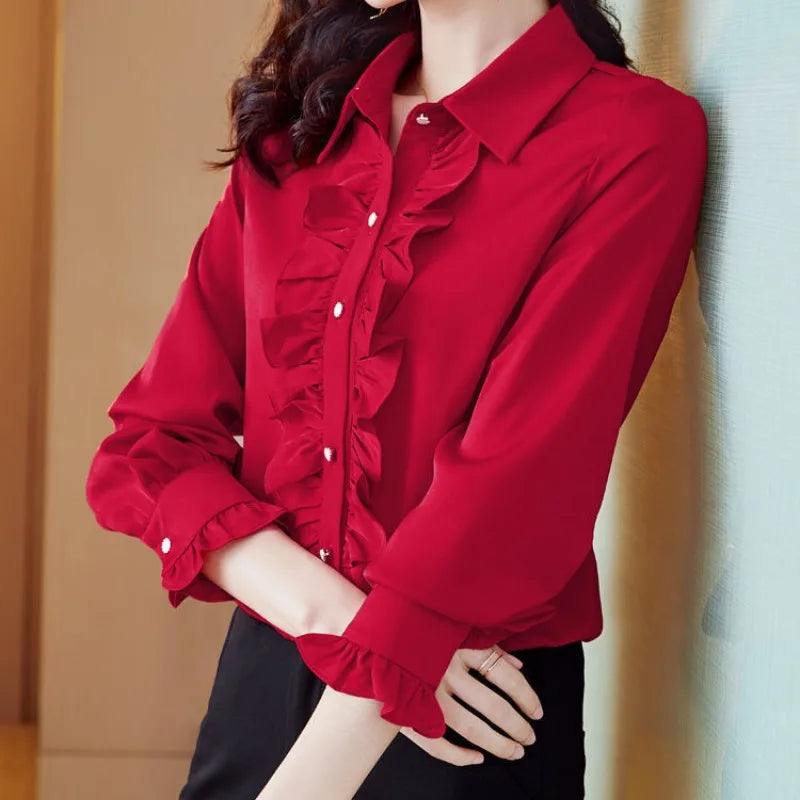 Spring/Autumn Women's Chiffon Shirt – Turn-Down Collar, Ruffles, and Lantern Sleeve Casual Elegant Top