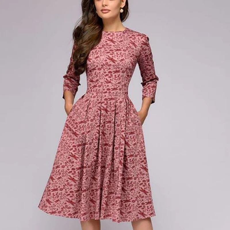 Spring Autumn Office Lady Knee Length Elegant Vintage Long Sleeve Party Dresses Women Floral Printed Dress