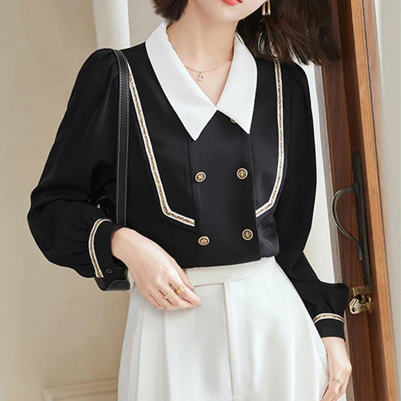 Women’s Korean Fashion Lace Patchwork Shirts – Elegant Long Sleeve Blouses for Office and Casual Wear