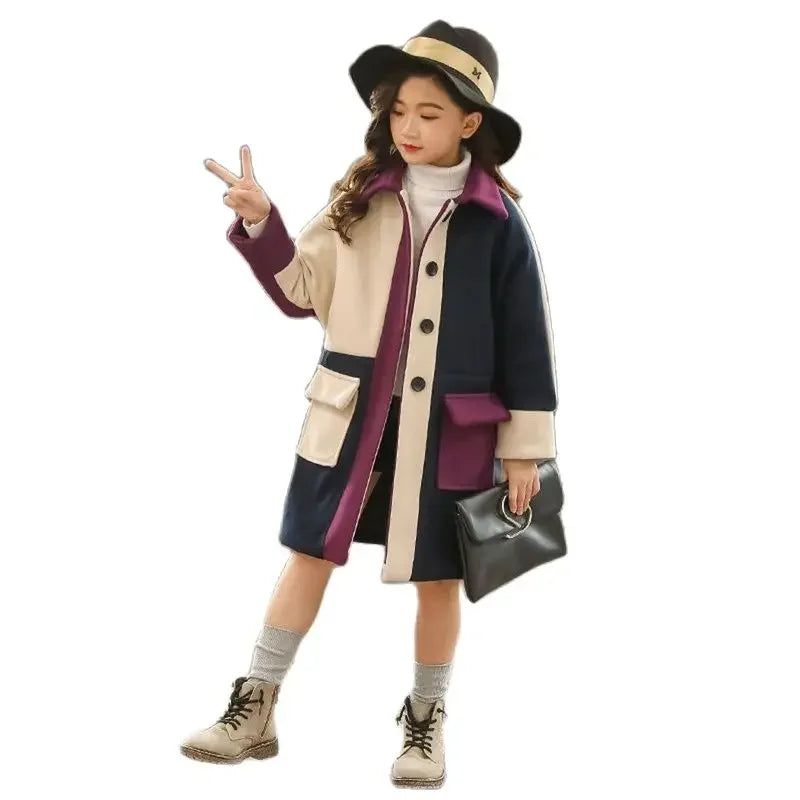 Girls Wool Coat Autumn Winter Jacket - Fashionable Outerwear for Ages 4-13