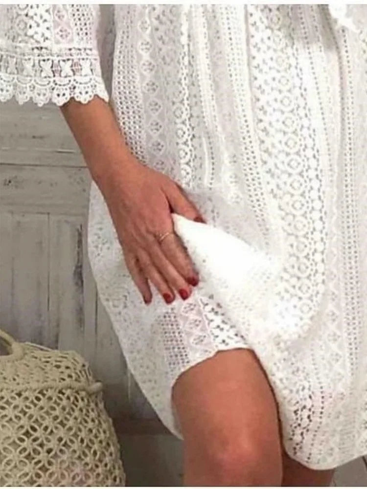 High Waist White Lace V-neck Flare Sleeve Summer Dress