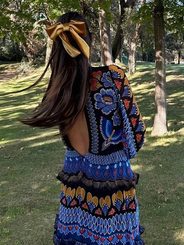 Vintage Print Dress – Elegant, Long Sleeve, Soft, Casual Loose Party Wear for Women
