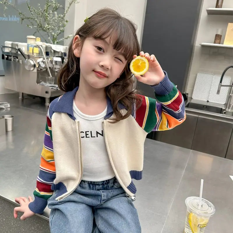 Korean Girls' Cardigan: Patchwork Long Sleeve Sweater (Autumn/Winter)