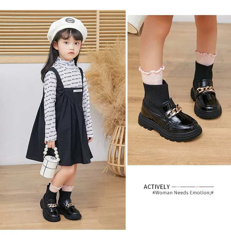 Girls' Leather Princess Boots with Metal Chains & Woven Stitching