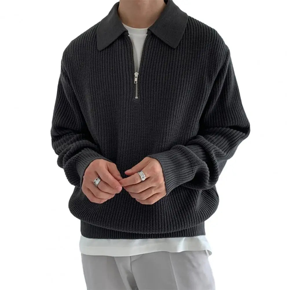 Men's Lapel Sweater – Knitted Zipper Pullover, Soft, Warm, Mid-Length, Lightweight Casual Fall/Winter Wear