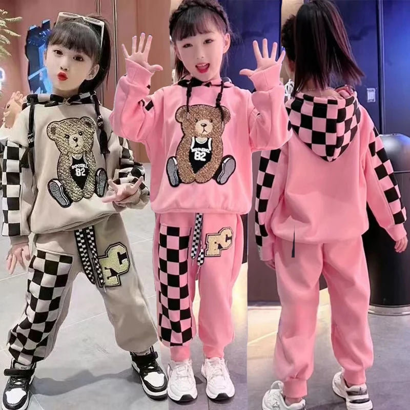 Spring/Autumn 2-Piece Girls' Set – Cartoon Bear Hoodie and Pants for Kids (Ages 2-8)