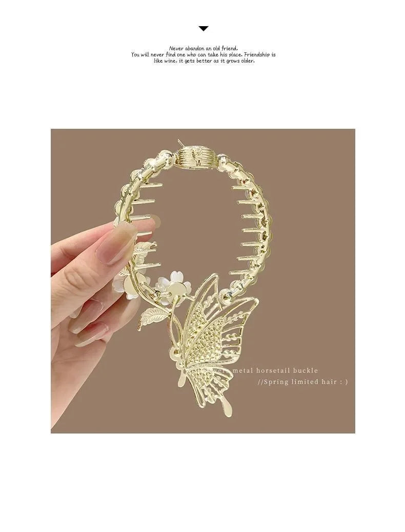 Elegant Women’s Hair Claw with Pearl & Rhinestone Tassels - Ponytail Buckle Hair Clip