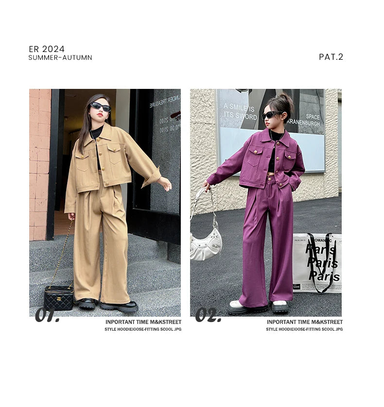 Autumn Girls' 2-Piece Set: Short Jacket & Wide Leg Pants for School