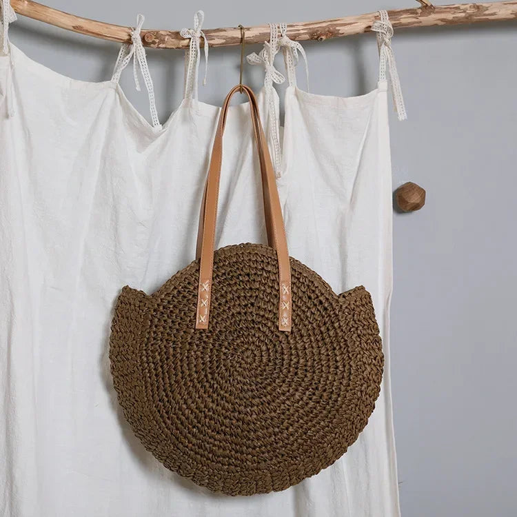 Vintage Round Straw Beach Bag – Handmade Rattan Shoulder Bag, Bohemian Summer Casual Style