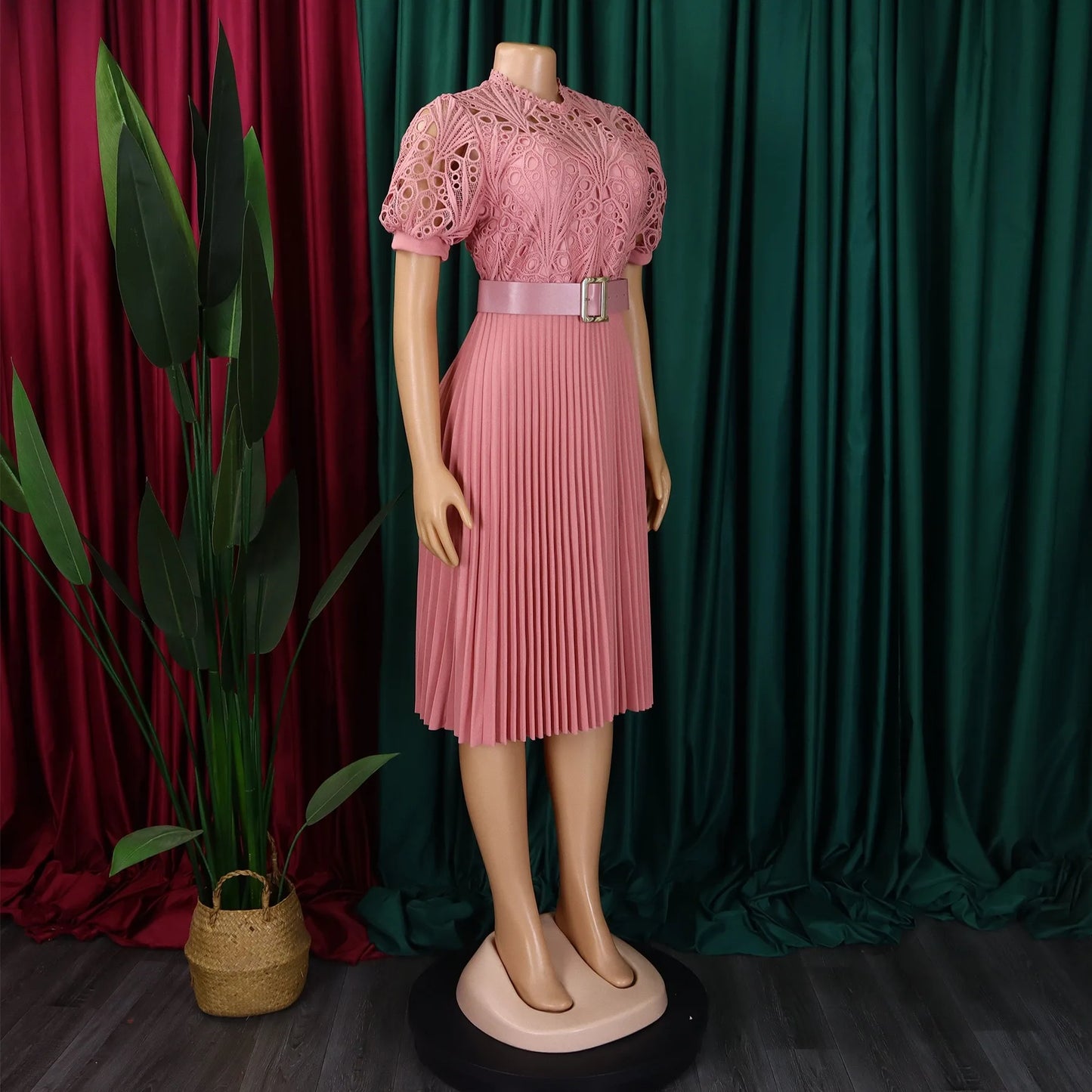 Elegant Pleated Lace Dress – O-Neck, Belted, Mid-Calf Party Dress