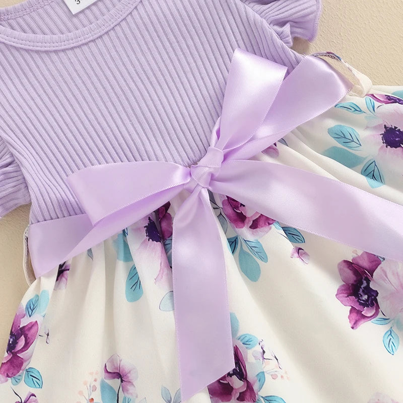 Ribbed Knit Floral Dress for Baby Girls – Ruffle Sleeve & Belted Summer Princess Dress