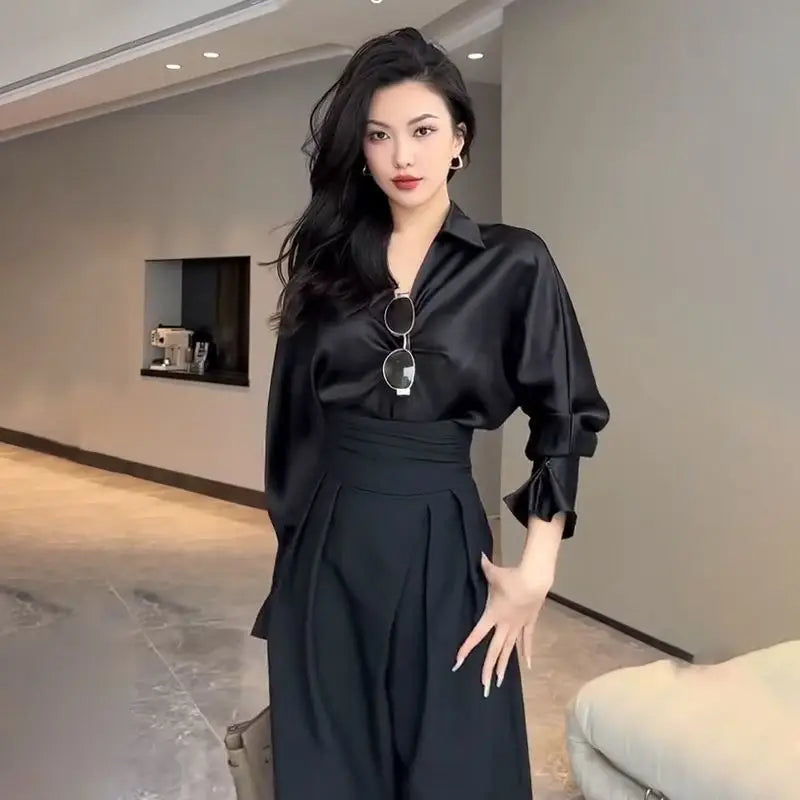 Women's Black Wide-Leg Pants, High-Waisted, Loose, Casual Straight Trousers