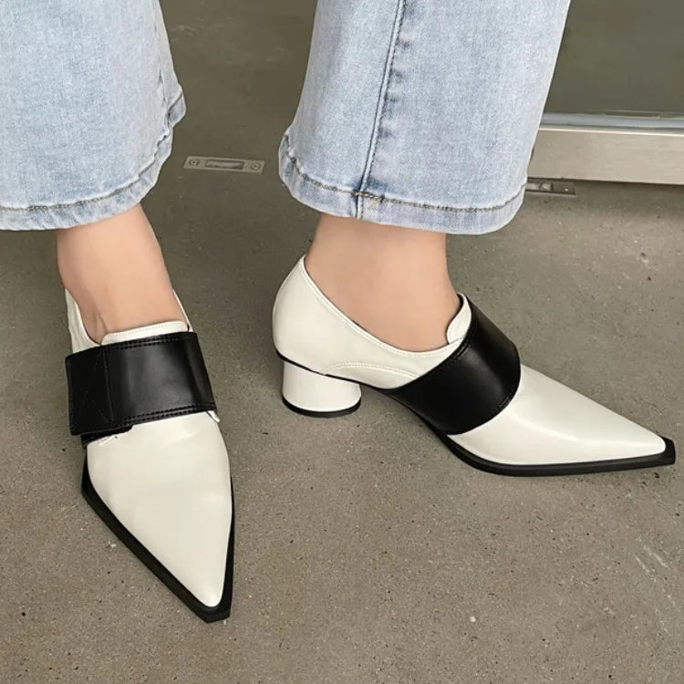 Women's Retro PU Leather Chain Pumps – Pointed Toe, Thick Heels Office Shoes