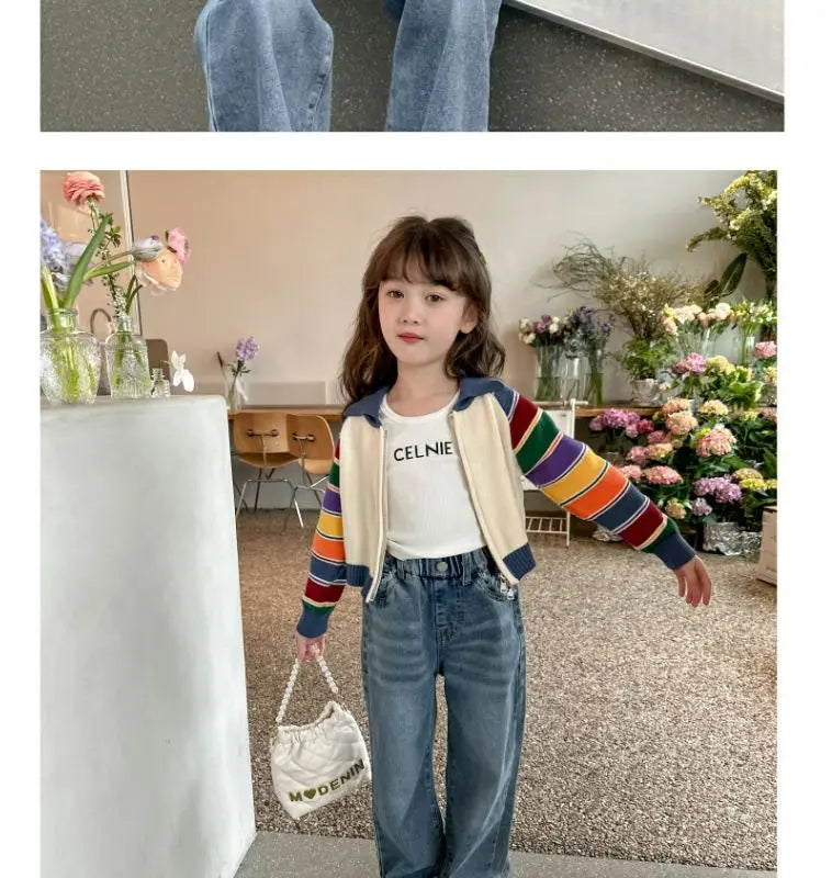 Korean Girls' Cardigan: Patchwork Long Sleeve Sweater (Autumn/Winter)