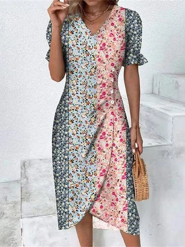 Elegant Floral Pleated Midi Dress - V Neck Puff Sleeve Summer Dress