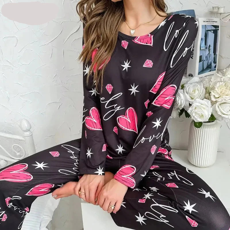 Autumn Winter Heart Print Pajamas for Women - Milk Silk Sleepwear