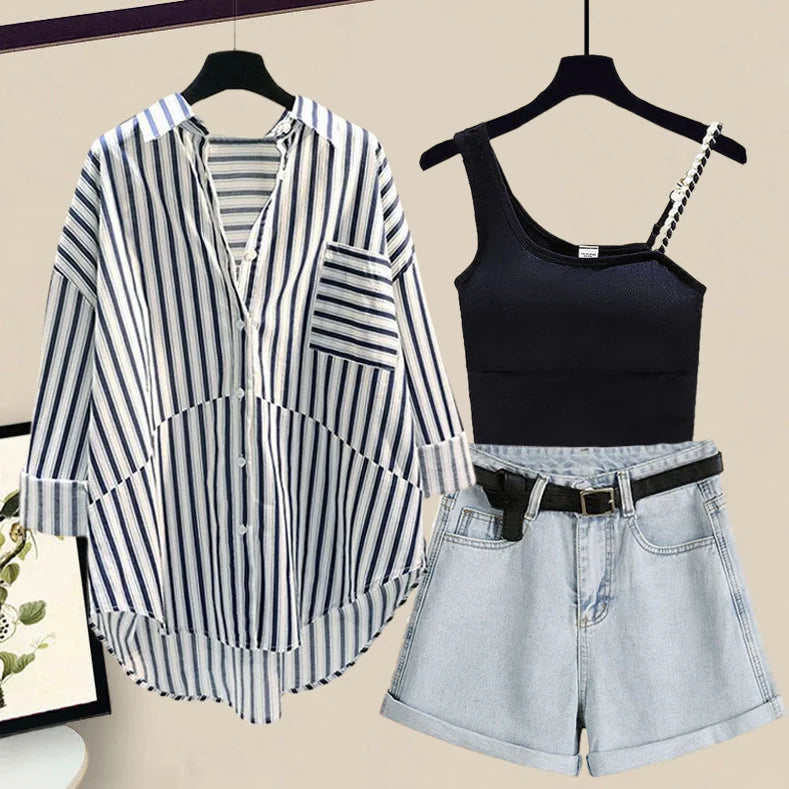 Striped Sunscreen Shirt & Denim Shorts 3-Piece Set - Spring/Summer Women's Fashion