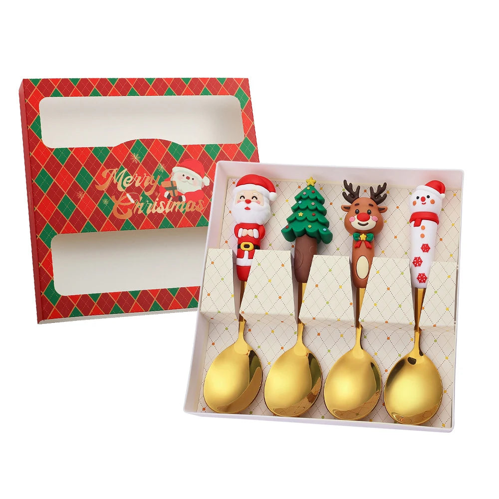 2/4Pcs Christmas Stainless Steel Dinnerware Set – Luxury Gift Box, Santa Cutlery