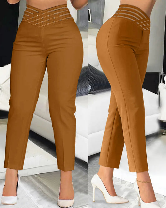 Summer Loose Fit Women's Work Pants - Hollow Out Overlap Waist Spliced Capris