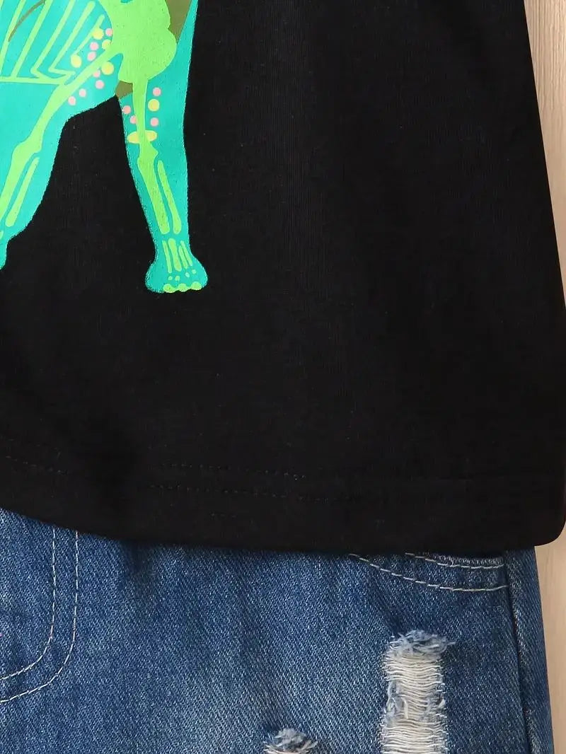 Cartoon Dinosaur & Planet Print Boy's Casual T-Shirt