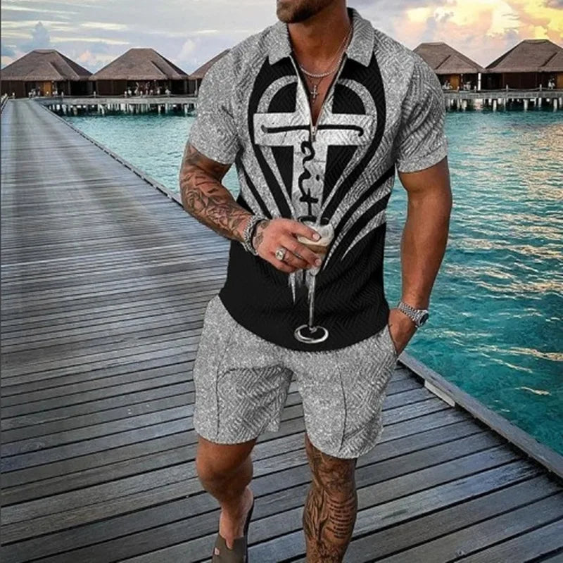 Men's 3D Print Summer Tracksuit - Short Sleeve Polo Jogging Set