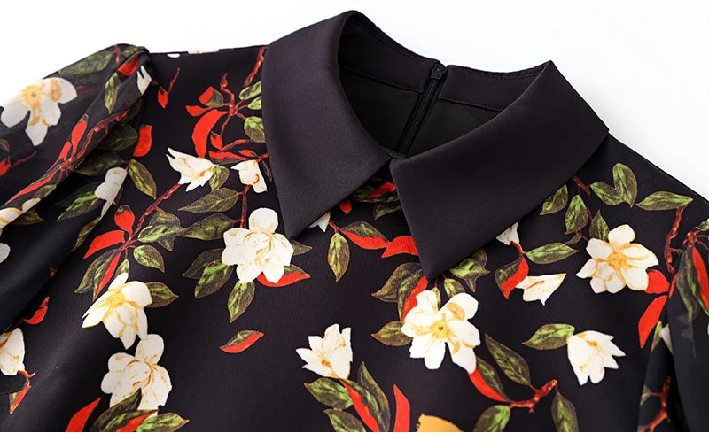 Women's Black Floral Print A-Line Dress - Autumn 2024 Elegant Chiffon Long Sleeve