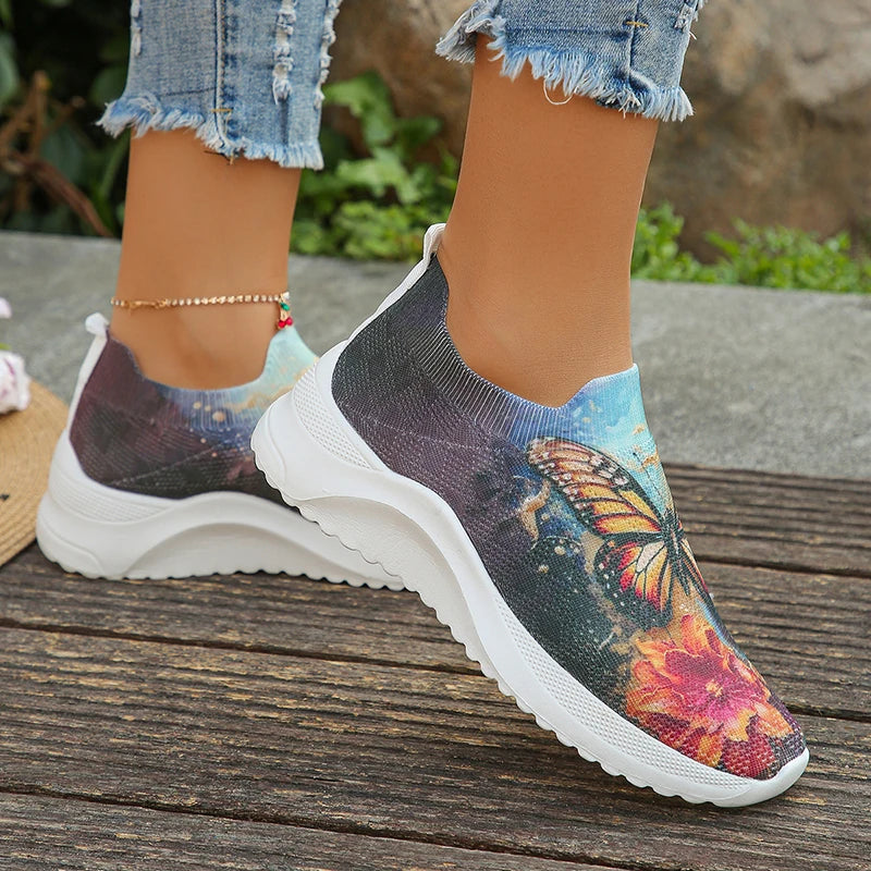 Printed Knitted Slip-On Mesh Sneakers - Women's Lightweight Summer Flats 2024