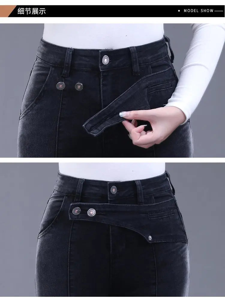 Vintage Gradient Black Slim Flare Jeans – High Waist, Casual.