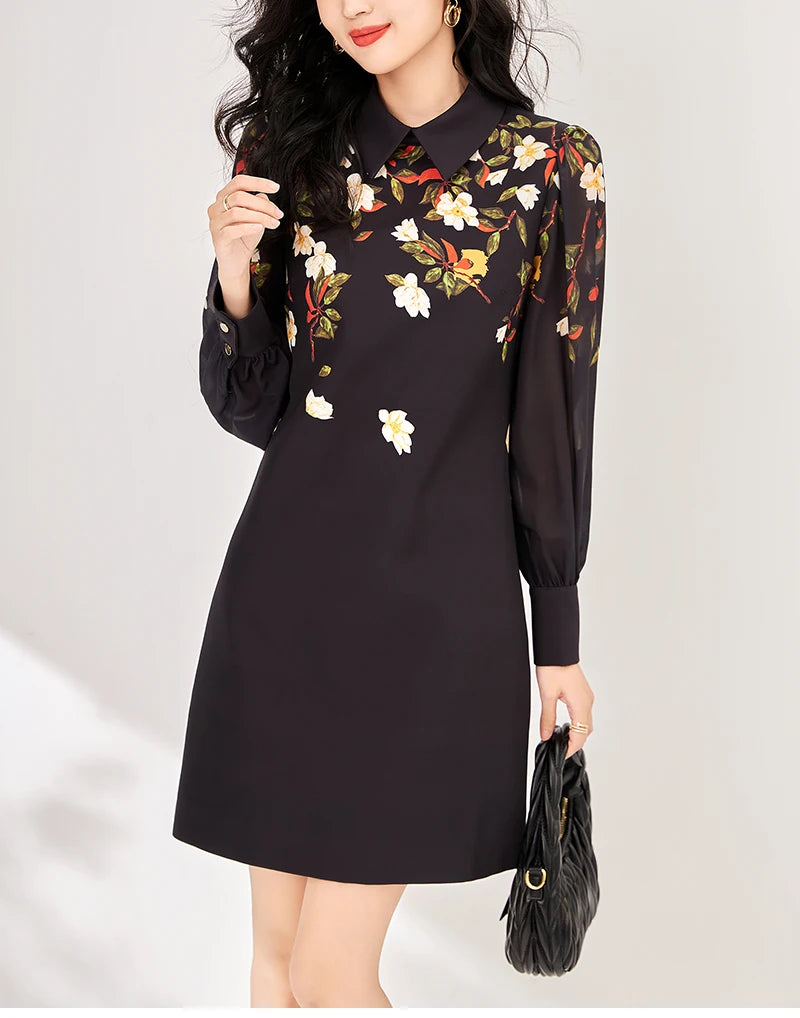 Women's Black Floral Print A-Line Dress - Autumn 2024 Elegant Chiffon Long Sleeve