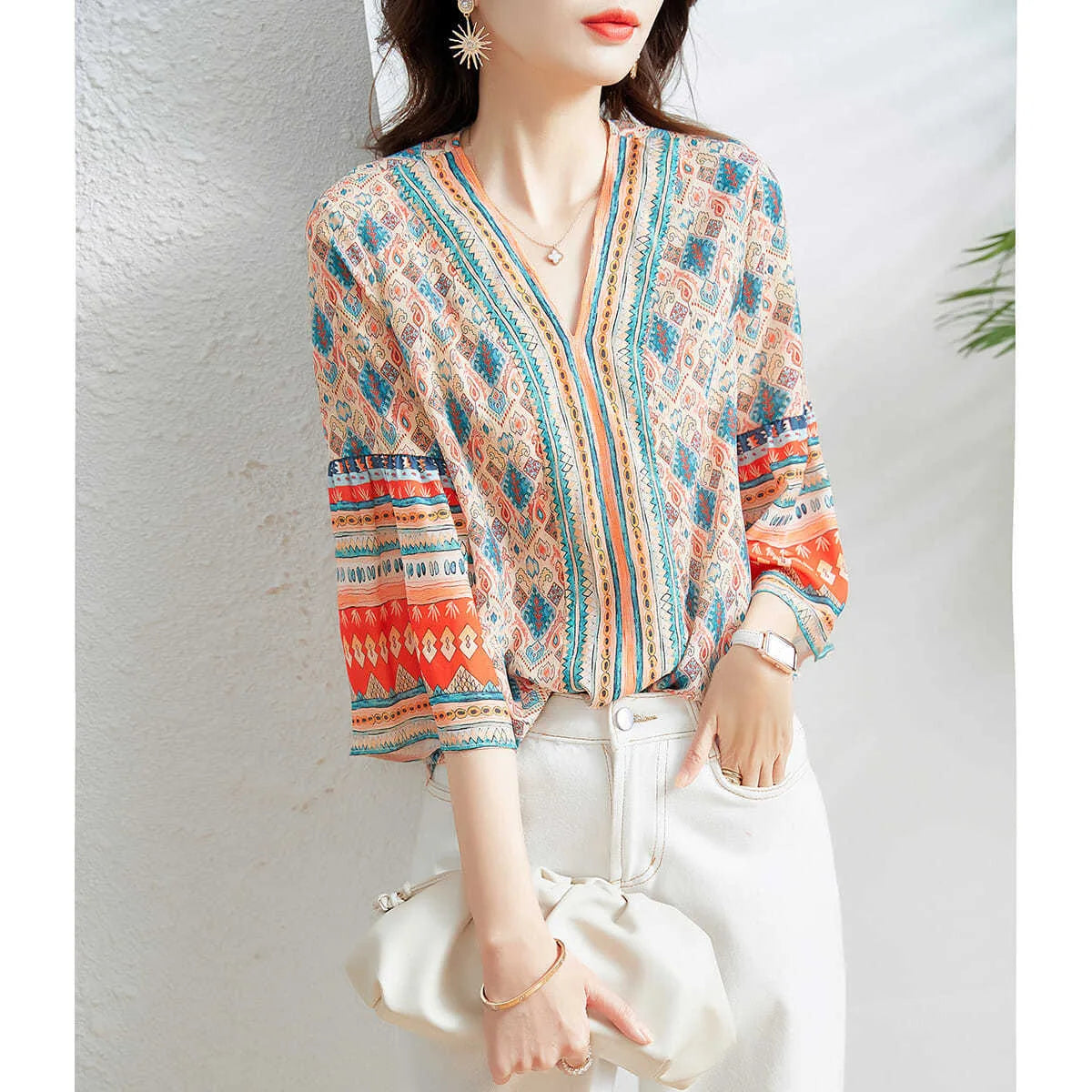 Vintage Style V-Neck Chiffon Blouse – Half Flare Sleeve, Printed Casual Top