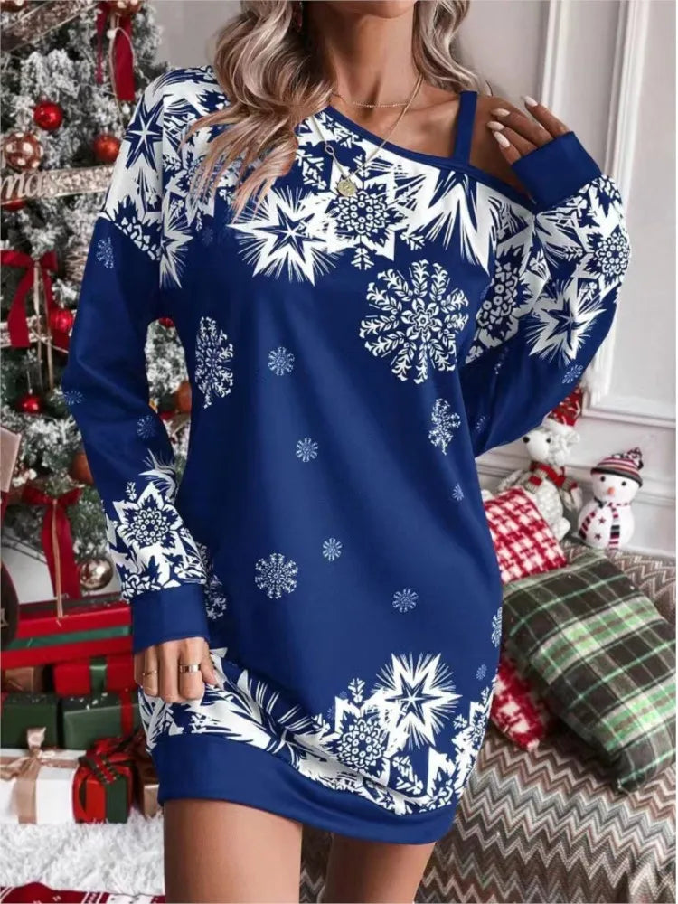 Christmas Snowflake Off-Shoulder Dress – Sexy Skew Collar, Loose Long Sleeve Winter Style