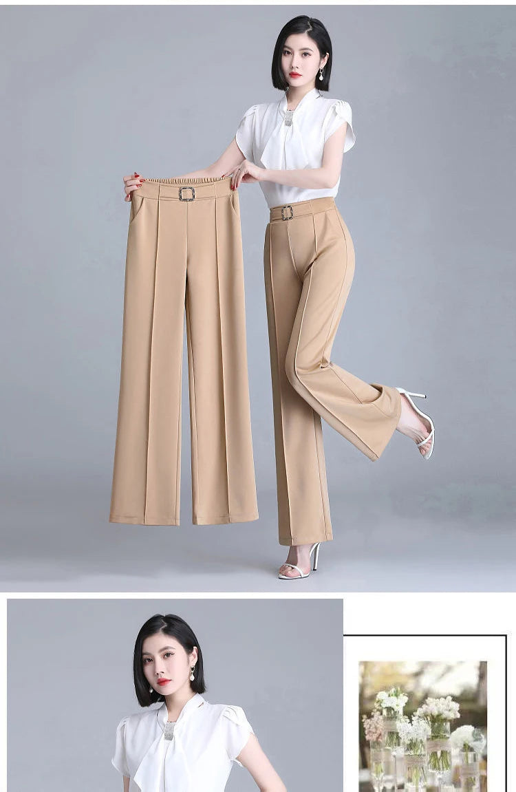 Khaki High-Waist Ice Silk Wide-Leg Trousers - Summer Design, Elegant Elastic Waist Baggy Pants for Women