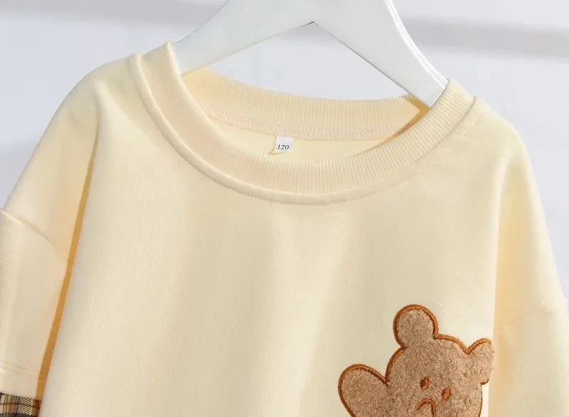 Adorable Bear Sweatshirt & Plaid Skirt Set for Girls