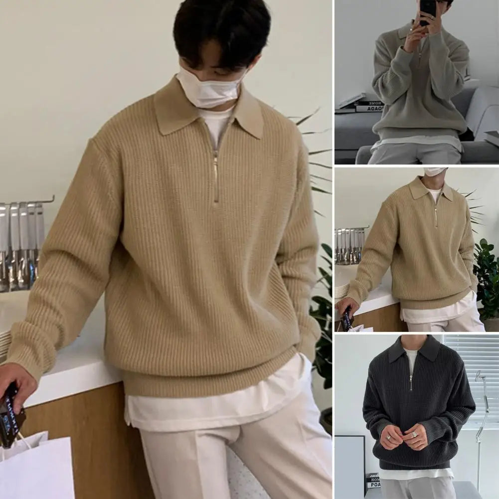 Men's Lapel Sweater – Knitted Zipper Pullover, Soft, Warm, Mid-Length, Lightweight Casual Fall/Winter Wear